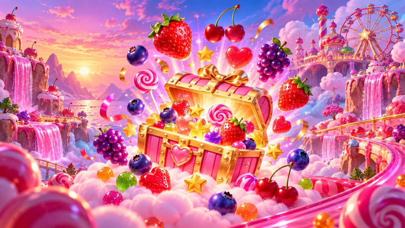 A floating gold-trimmed pink chest with berries and sweets above a candy carnival