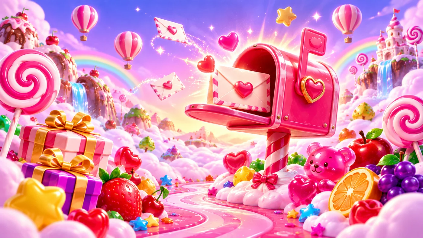 A pink candy mailbox with heart-sealed letters beside fruit and candy clouds