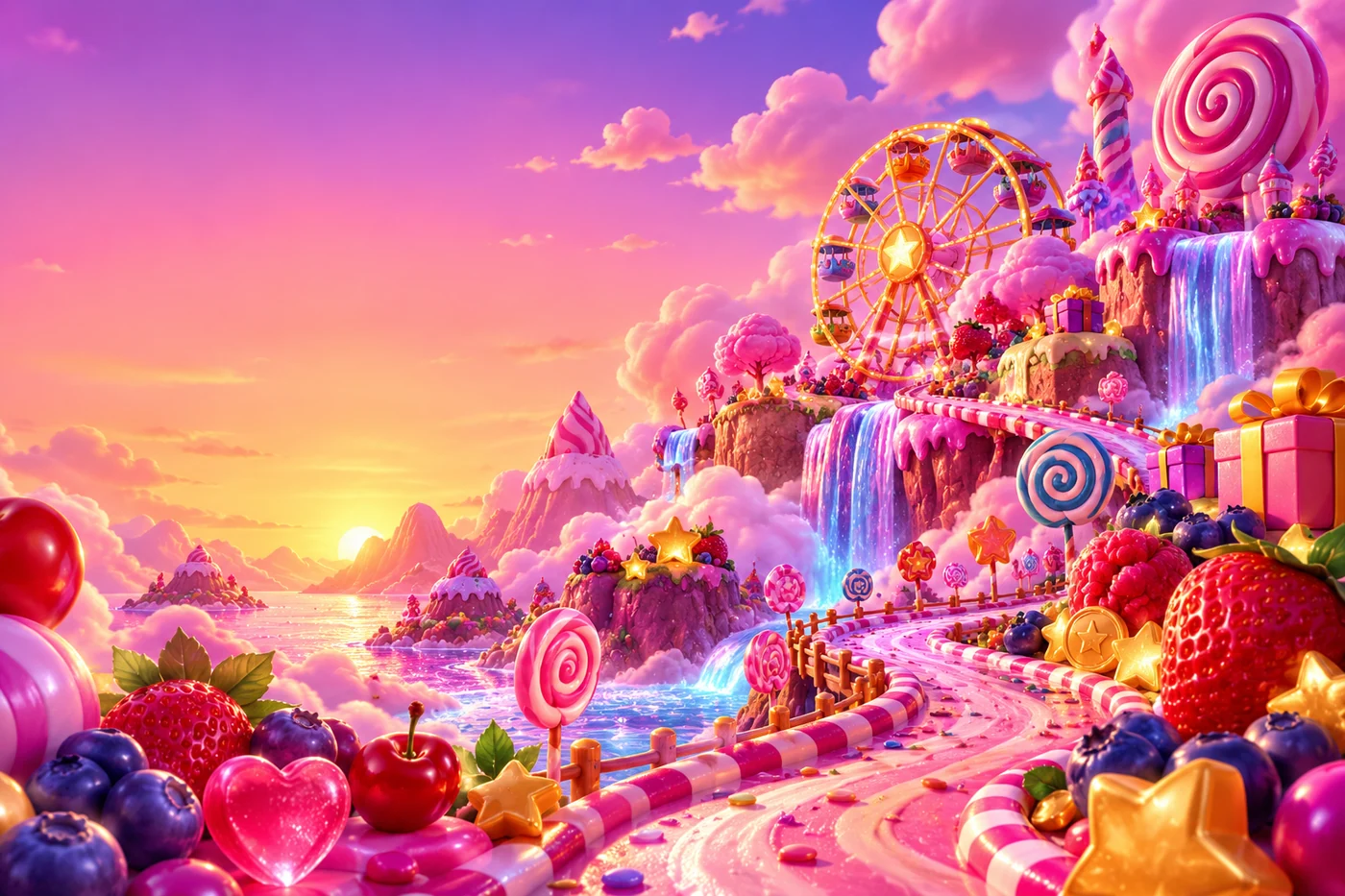 A glowing candy carnival and Ferris wheel above a pink ribbon path at sunset