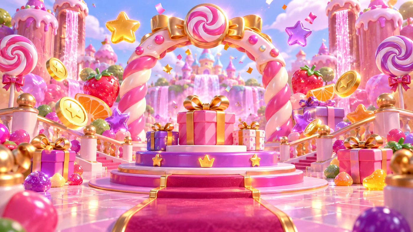 A glossy pink candy stage beneath a twisted lollipop arch with ribboned presents
