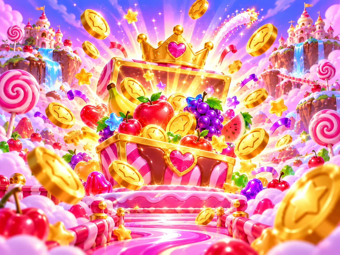 A bright candy treasure celebration with a golden crown, fruit and stars
